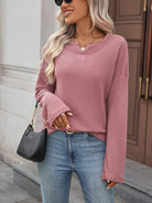 Moncelia Rachele Waffle Knit Split-Neck Long Sleeve Top