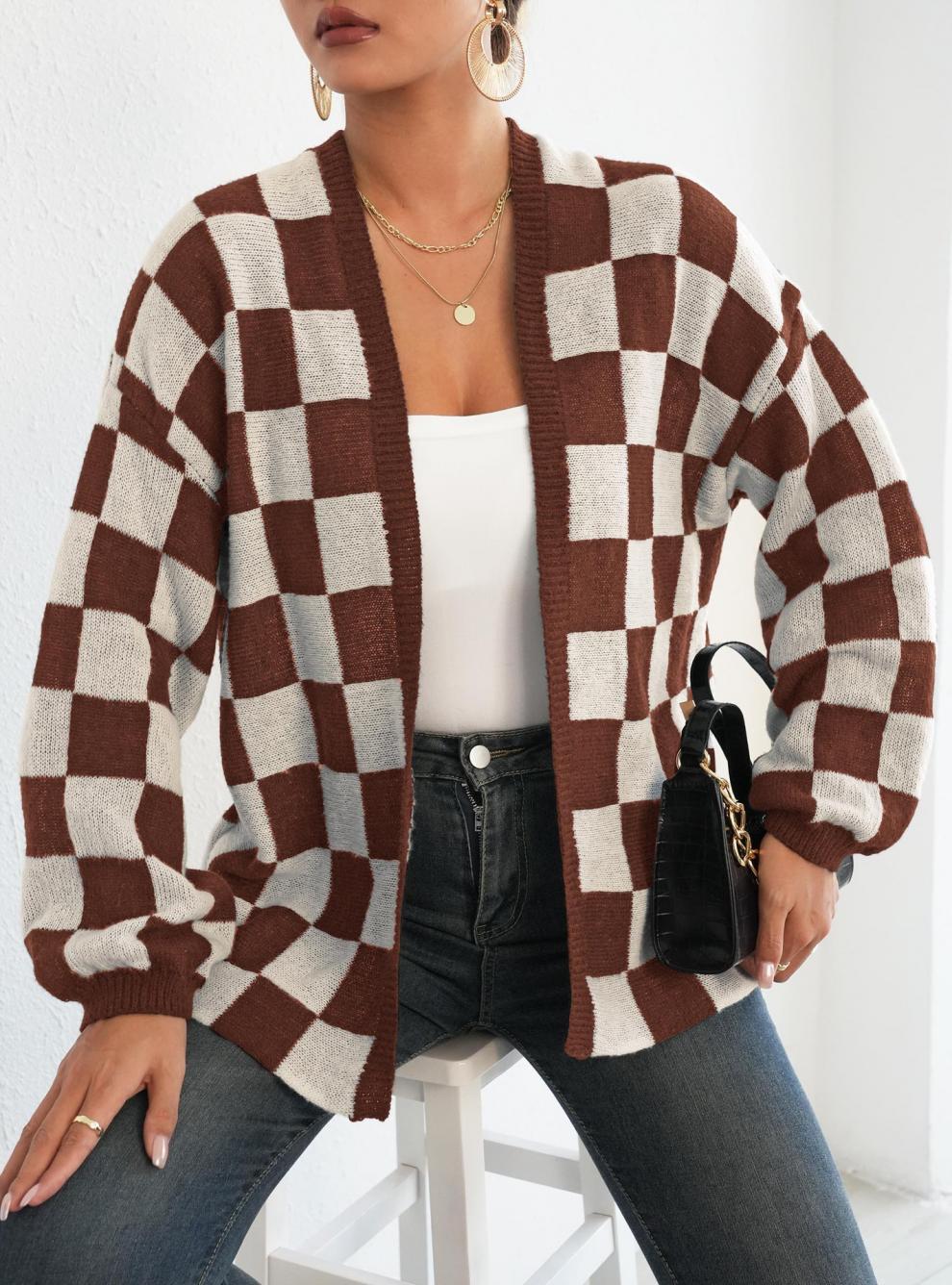 Moncelia Avielle Deer Plush Checkerboard Cardigan