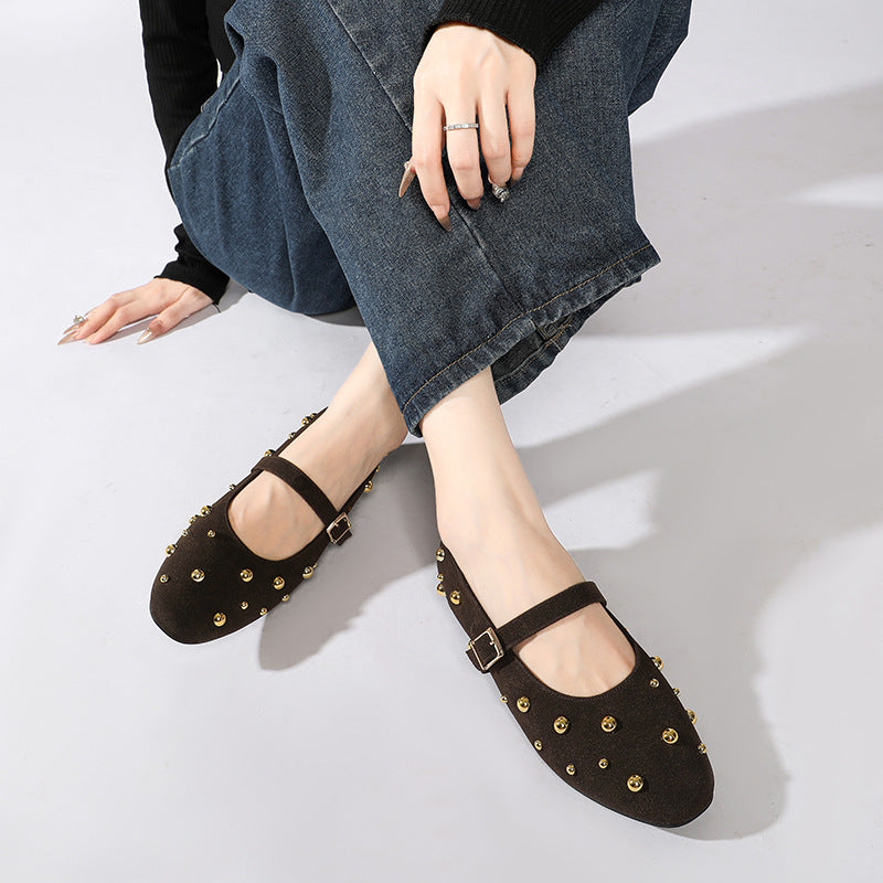 Moncelia Verina Studded Faux Suede Mary Jane Flats