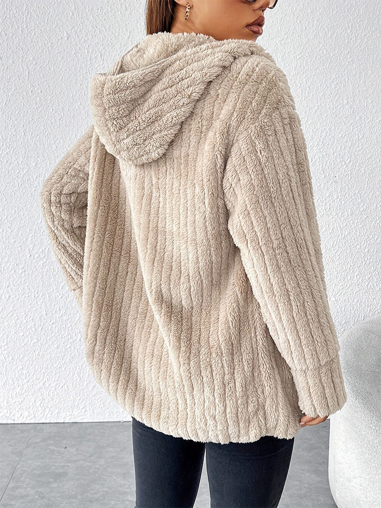 Moncelia Marzia Hooded Ribbed Plush Fleece Jacket