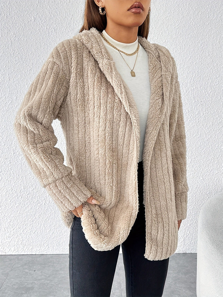 Moncelia Marzia Hooded Ribbed Plush Fleece Jacket