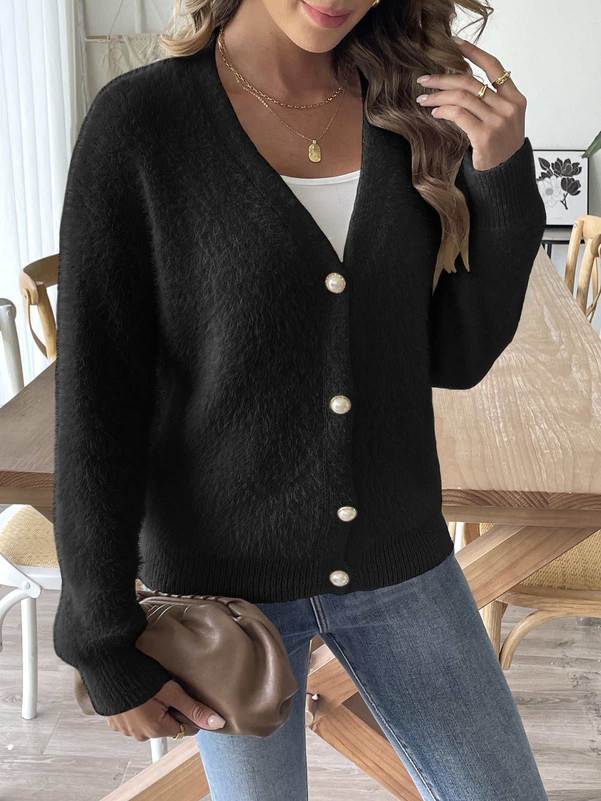 Moncelia Talise Faux Mink Pearl Cardigan