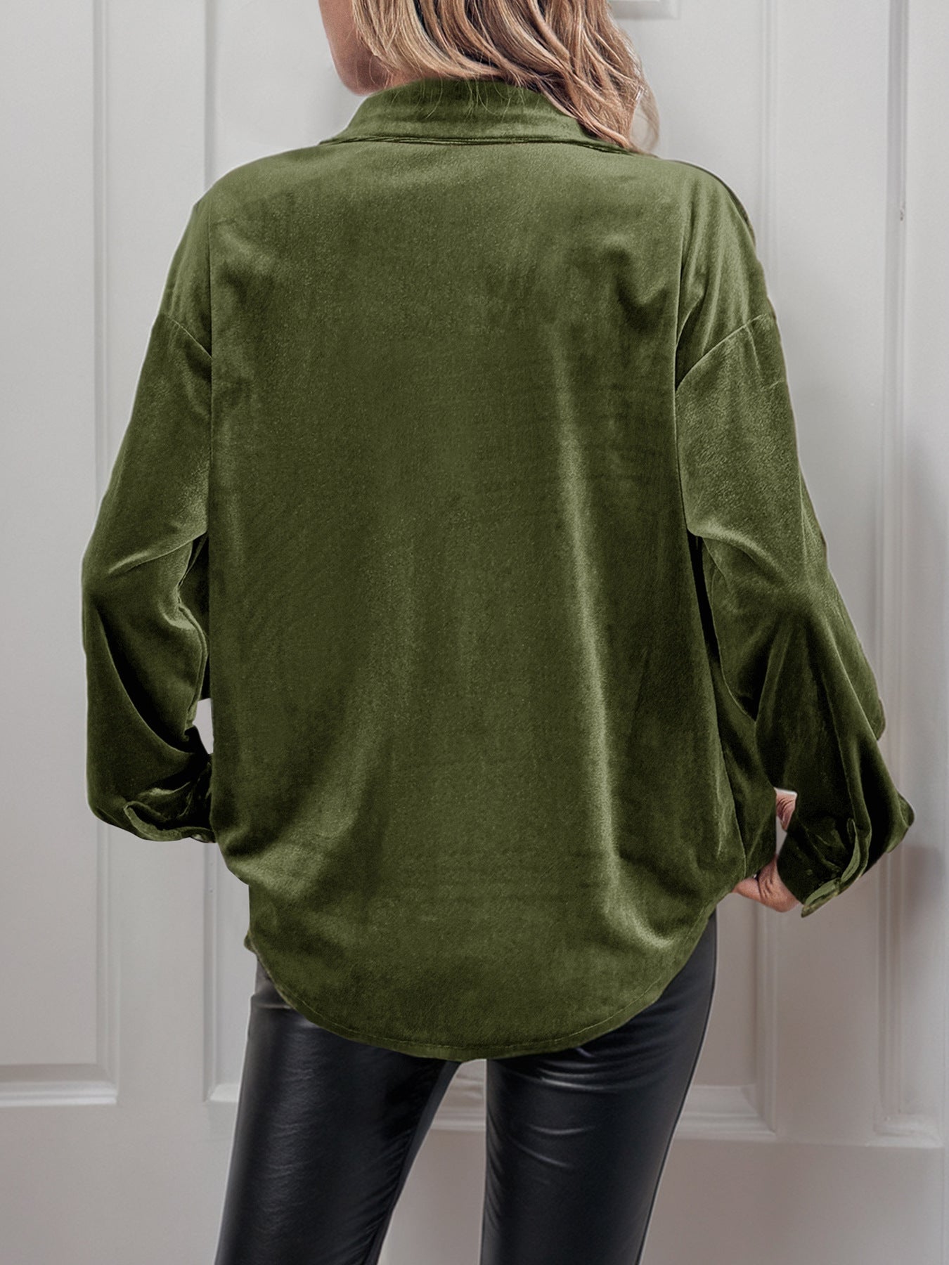 Margo & Main green velvet button-front shirt — back view of the curved hem and long sleeves