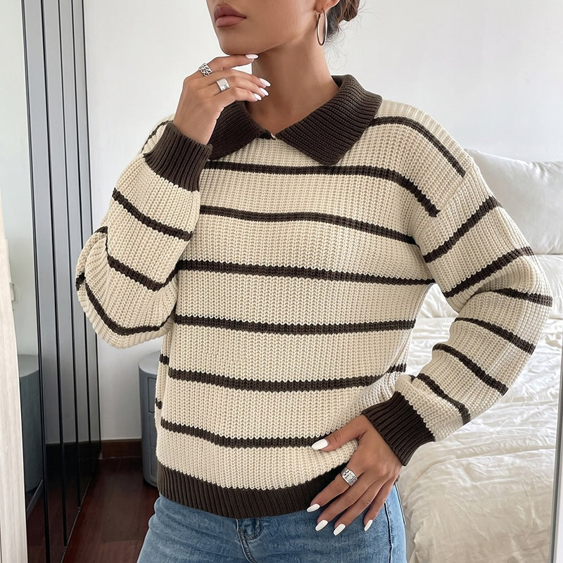 Margo & Main – Zora camel striped sweater, front view of chunky stripe knit, US women's sizes