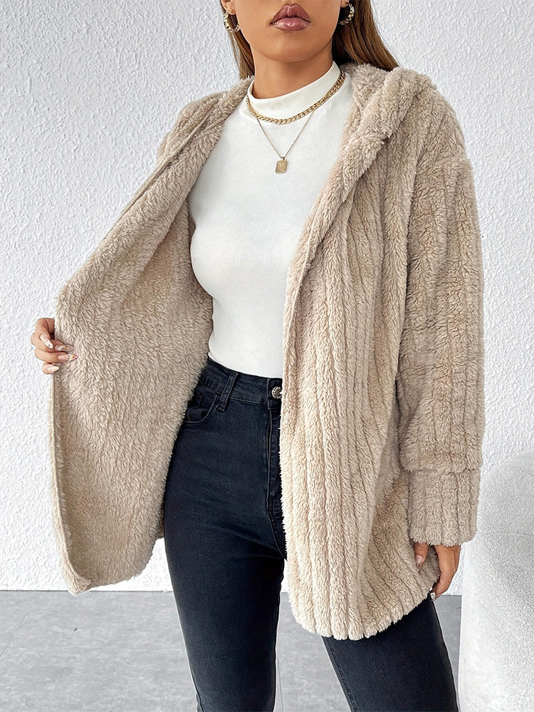 Moncelia Marzia Hooded Ribbed Plush Fleece Jacket