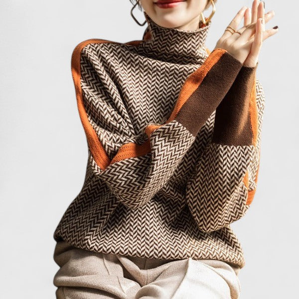 Moncelia Eugenie Chevron Stripe High Collar Sweater