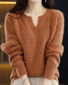 Moncelia Mimosa Plush Velvet Notch V-Neck Sweater
