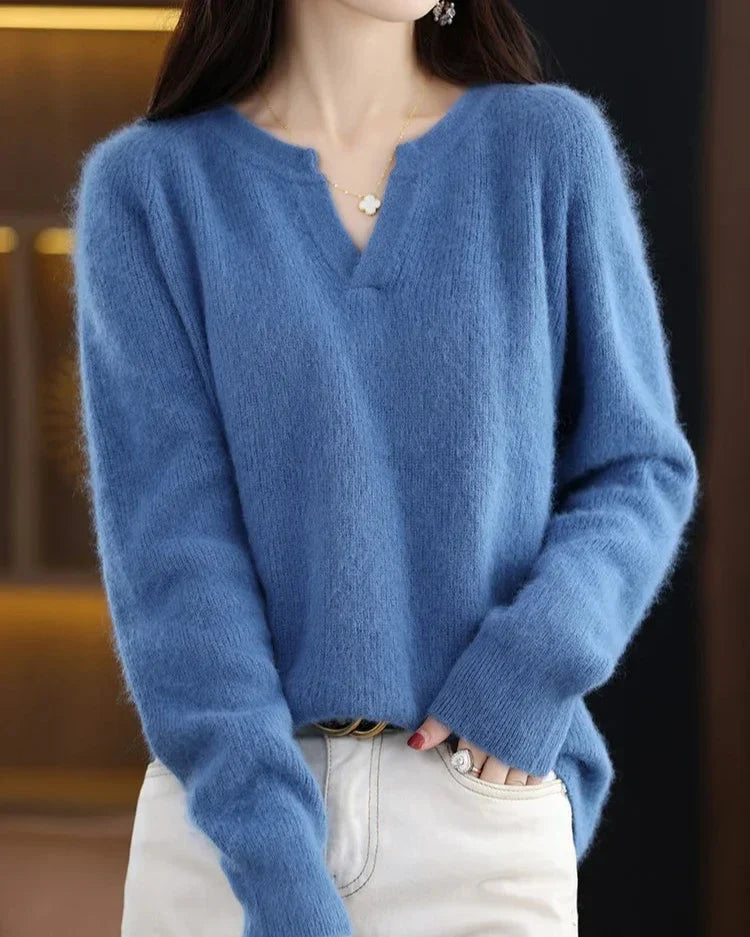 Moncelia Mimosa Plush Velvet Notch V-Neck Sweater
