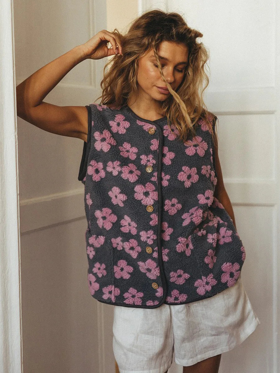 Moncelia Chiara Floral Sherpa Button-Front Vest