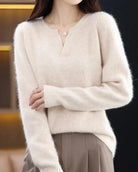 Moncelia Mimosa Plush Velvet Notch V-Neck Sweater