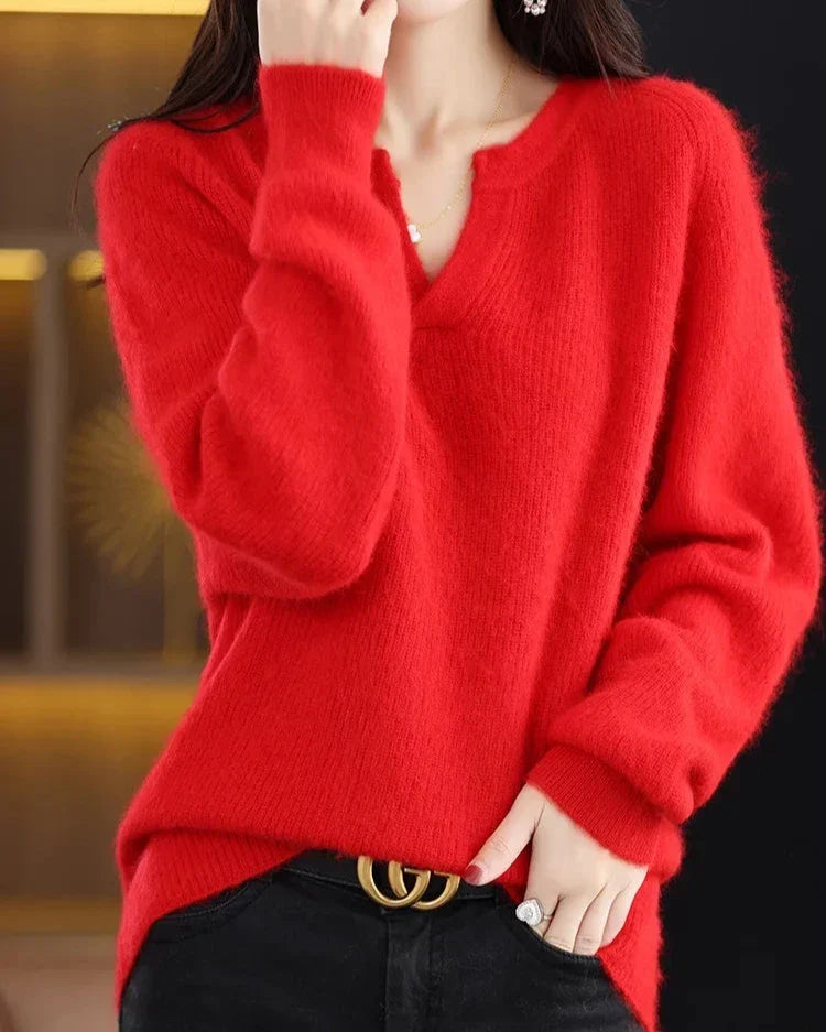 Moncelia Mimosa Plush Velvet Notch V-Neck Sweater