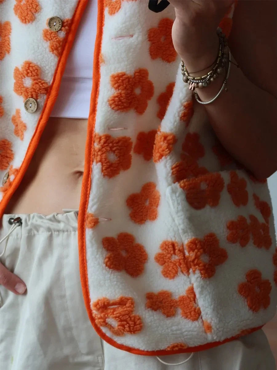 Moncelia Chiara Floral Sherpa Button-Front Vest