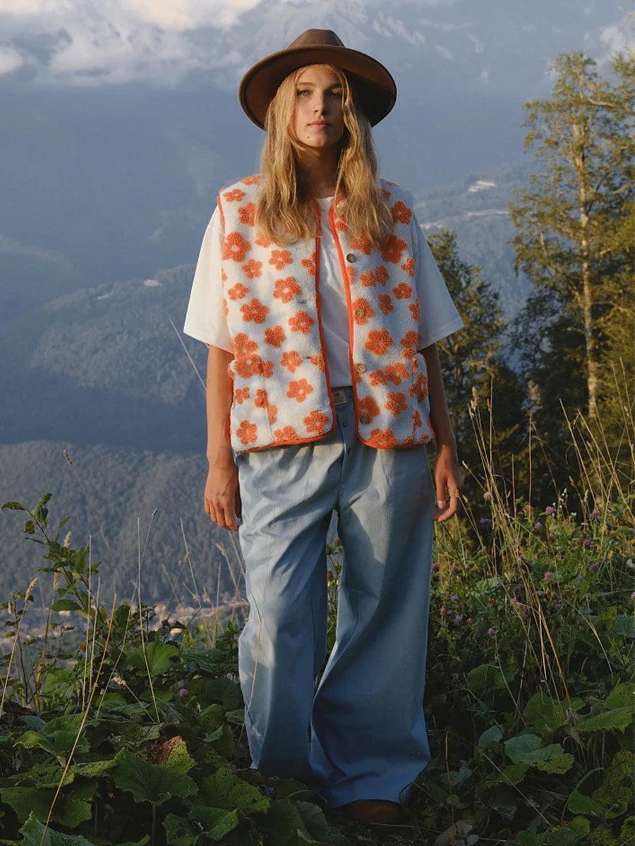 Moncelia Chiara Floral Sherpa Button-Front Vest
