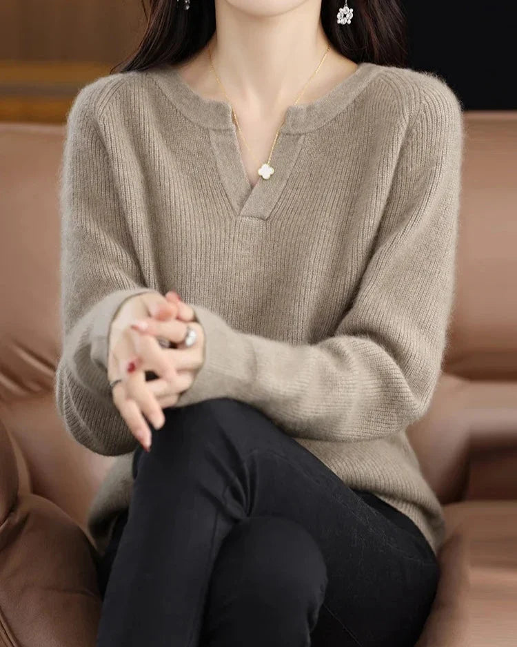 Moncelia Mimosa Plush Velvet Notch V-Neck Sweater