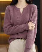 Moncelia Mimosa Plush Velvet Notch V-Neck Sweater