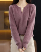 Moncelia Mimosa Plush Velvet Notch V-Neck Sweater