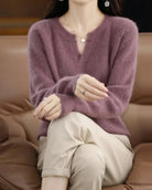 Moncelia Mimosa Plush Velvet Notch V-Neck Sweater