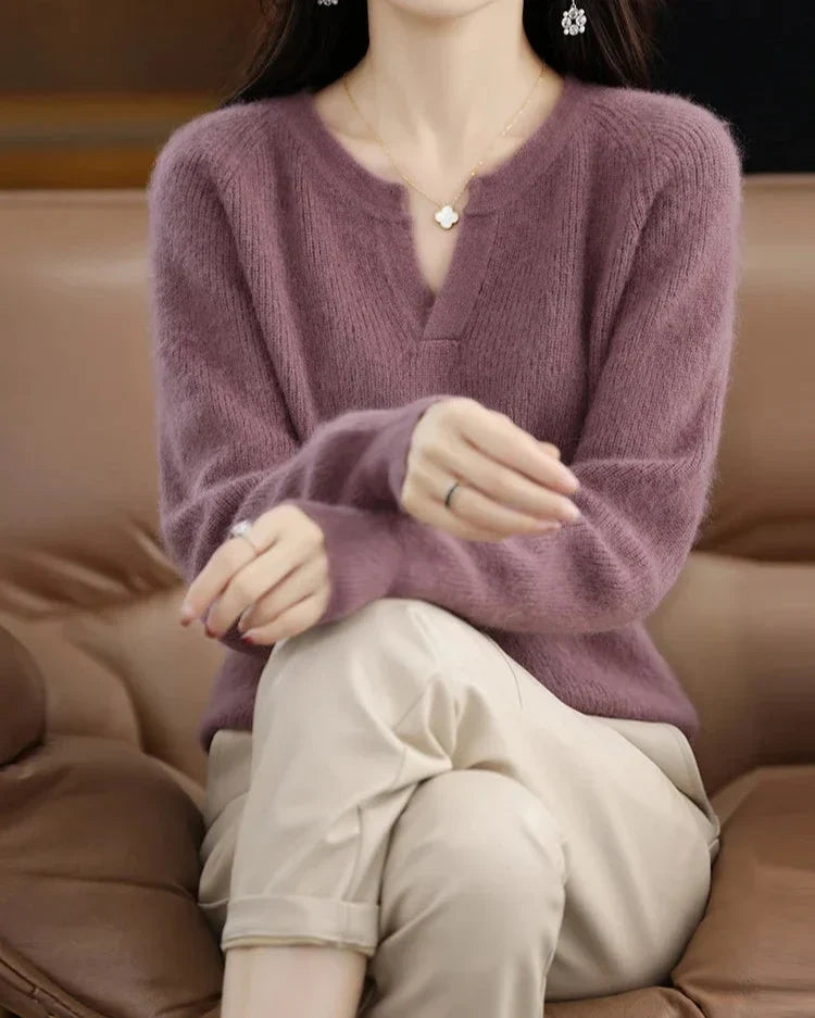 Moncelia Mimosa Plush Velvet Notch V-Neck Sweater