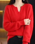 Moncelia Mimosa Plush Velvet Notch V-Neck Sweater