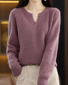 Moncelia Mimosa Plush Velvet Notch V-Neck Sweater