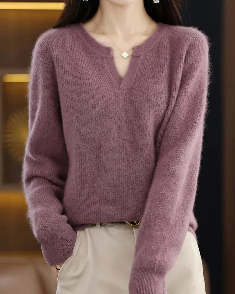 Moncelia Mimosa Plush Velvet Notch V-Neck Sweater