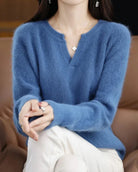 Moncelia Mimosa Plush Velvet Notch V-Neck Sweater