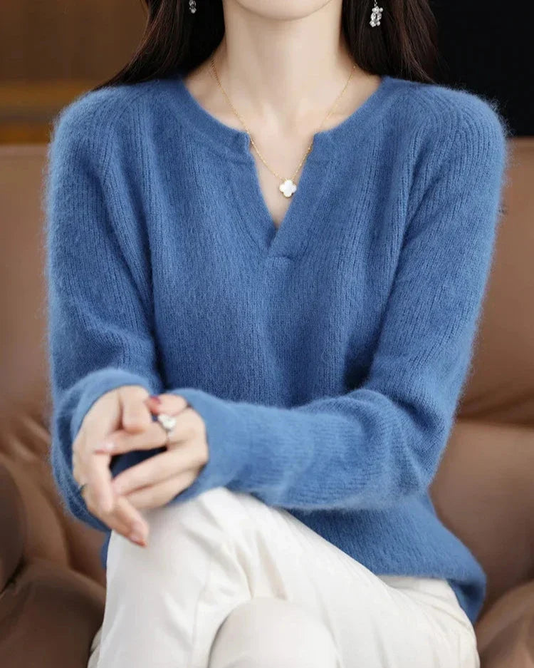 Moncelia Mimosa Plush Velvet Notch V-Neck Sweater