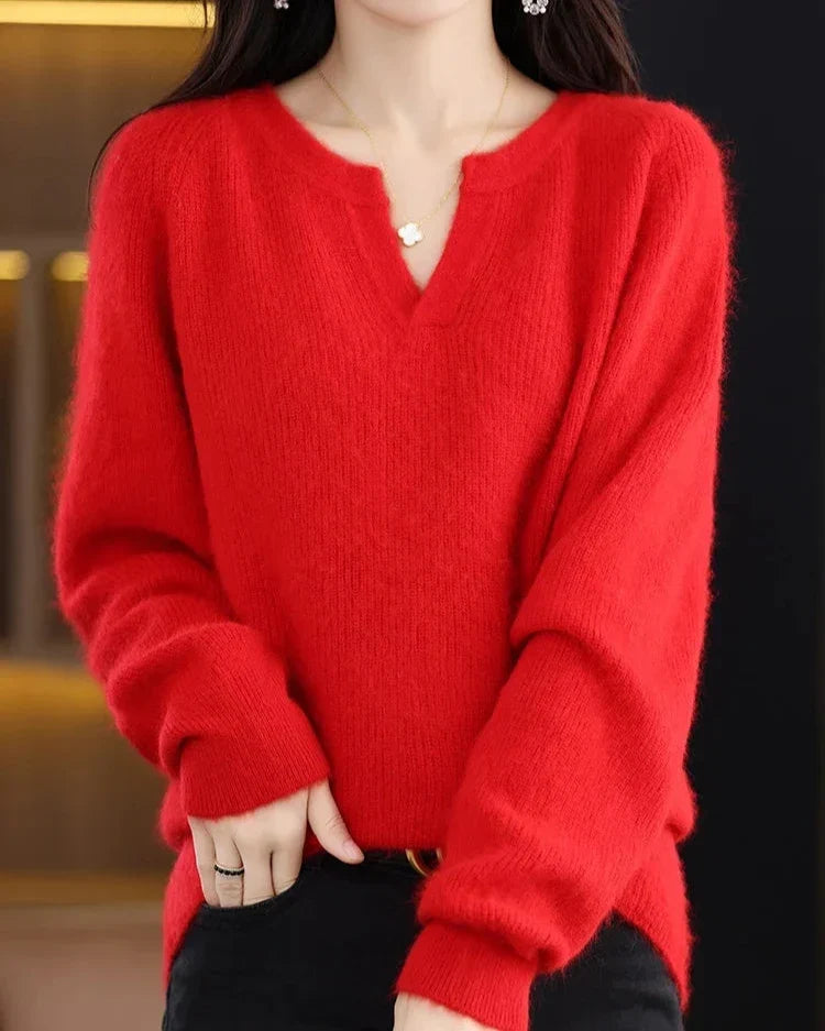 Moncelia Mimosa Plush Velvet Notch V-Neck Sweater
