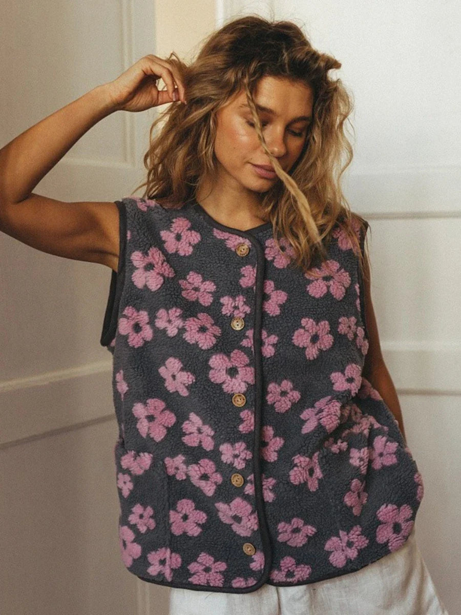 Vests for Women - Floral Sherpa Fleece Sleeveless Button Front