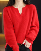Moncelia Mimosa Plush Velvet Notch V-Neck Sweater