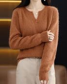 Moncelia Mimosa Plush Velvet Notch V-Neck Sweater