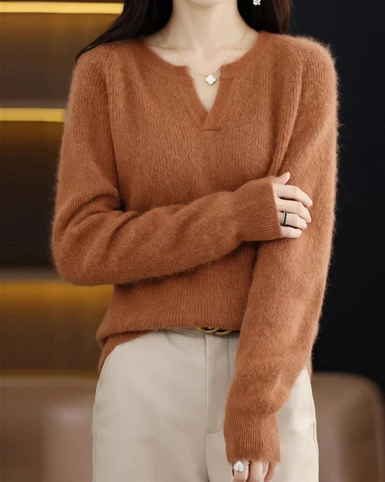 Moncelia Mimosa Plush Velvet Notch V-Neck Sweater