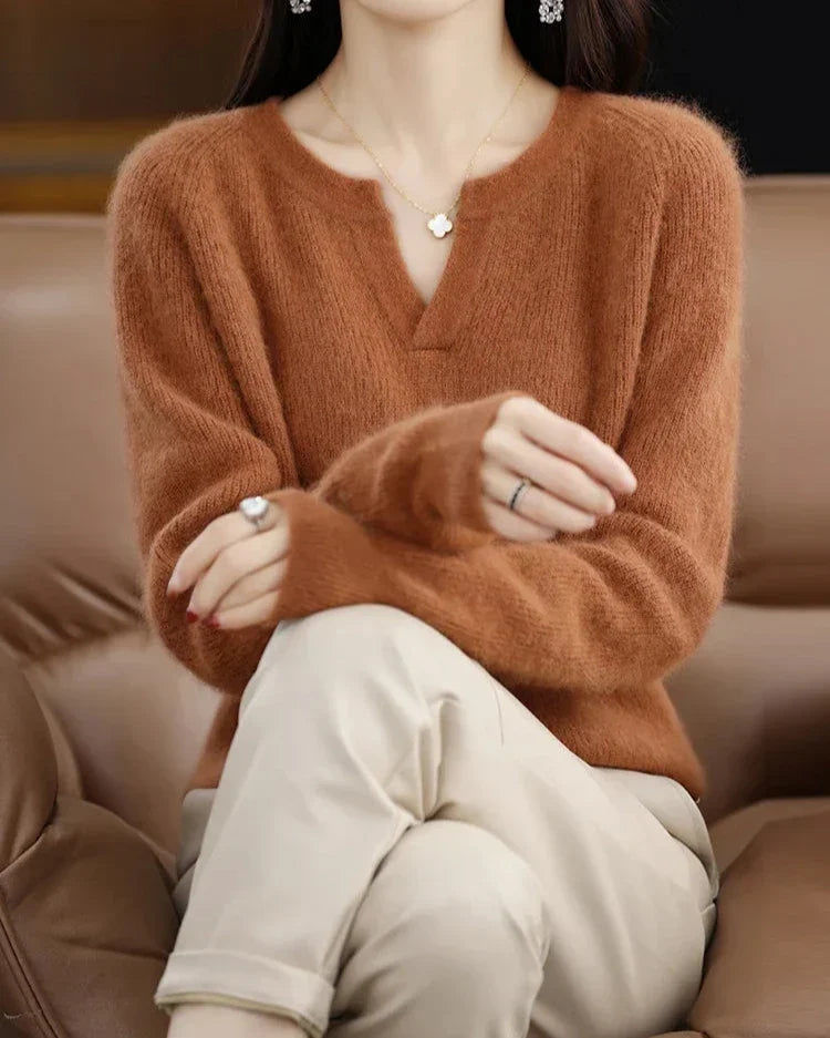 Moncelia Mimosa Plush Velvet Notch V-Neck Sweater