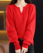Moncelia Mimosa Plush Velvet Notch V-Neck Sweater