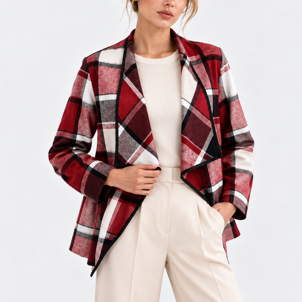 Yara Plaid Drape Collar Open Jacket