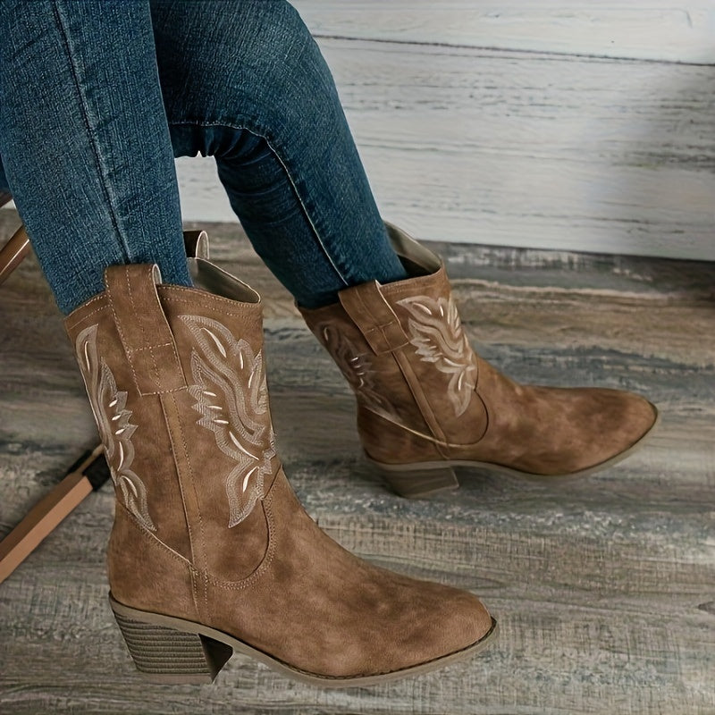 Moncelia Bianca Embroidered Mid-Calf Western Boots