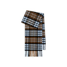 Margo & Main camel brushed plaid wool scarf — folded shot with pale blue and black check lines