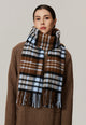 Margo & Main camel brushed plaid wool scarf — front view over a brown coat with fringed ends