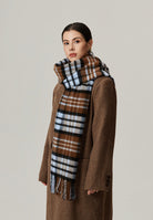 Margo & Main camel brushed plaid wool scarf — full-length view styled over a brown wool coat