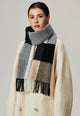 Margo & Main gray brushed plaid wool scarf — close-up of the gray, black and camel blocks