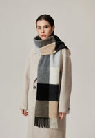 Margo & Main gray brushed plaid wool scarf — full-length view over a cream wool coat