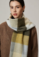 Margo & Main green brushed plaid wool scarf — close-up of the green, yellow and gray blocks