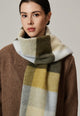 Margo & Main green brushed plaid wool scarf — close-up of the green, yellow and gray blocks