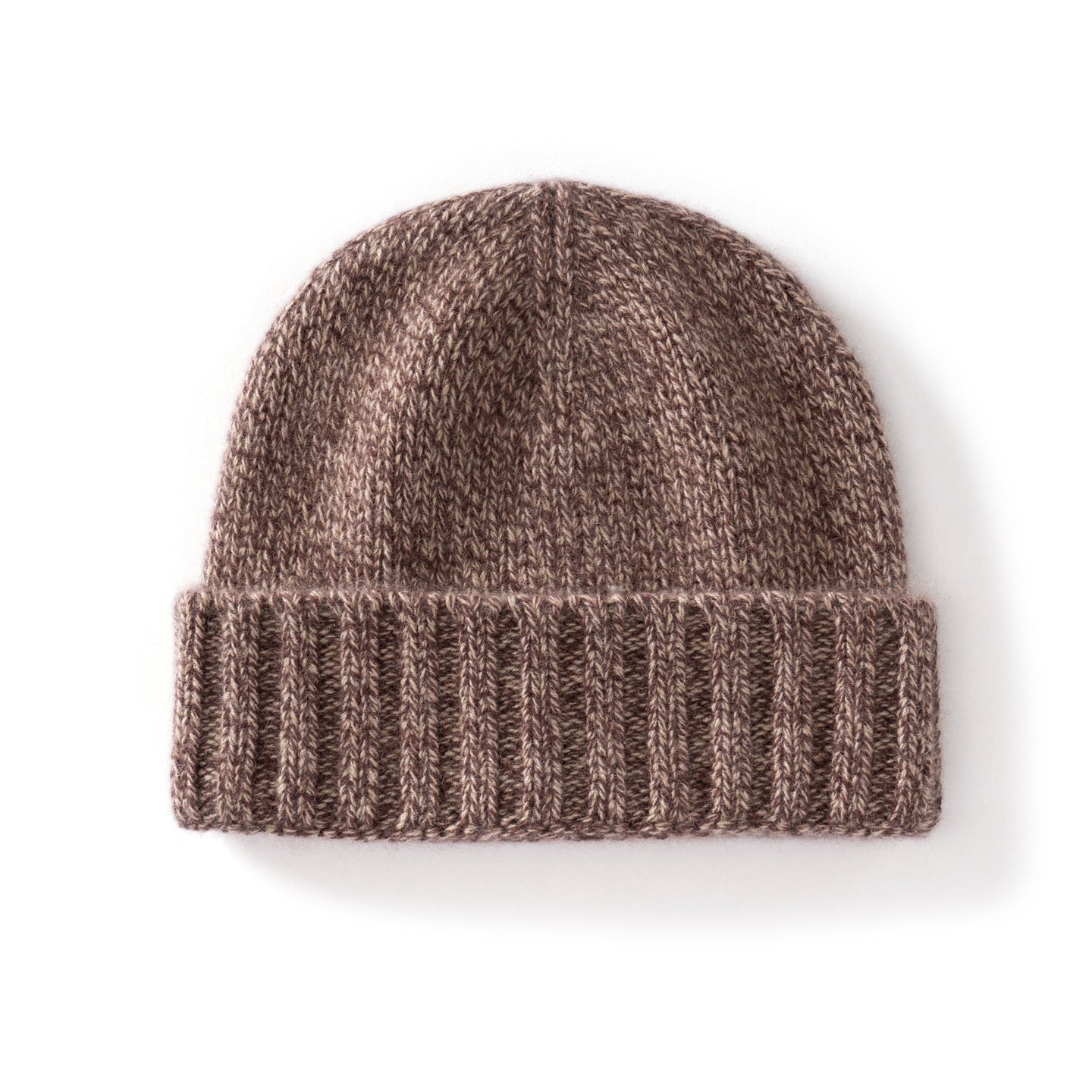 Margo & Main brown fleck ribbed cashmere fisherman beanie — angled view of the wide fold-over cuff