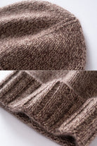 Margo & Main brown fleck ribbed cashmere fisherman beanie — close-up of the marled knit and ribbed cuff
