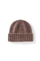 Margo & Main brown fleck ribbed cashmere fisherman beanie — front view of the marled knit and cuff
