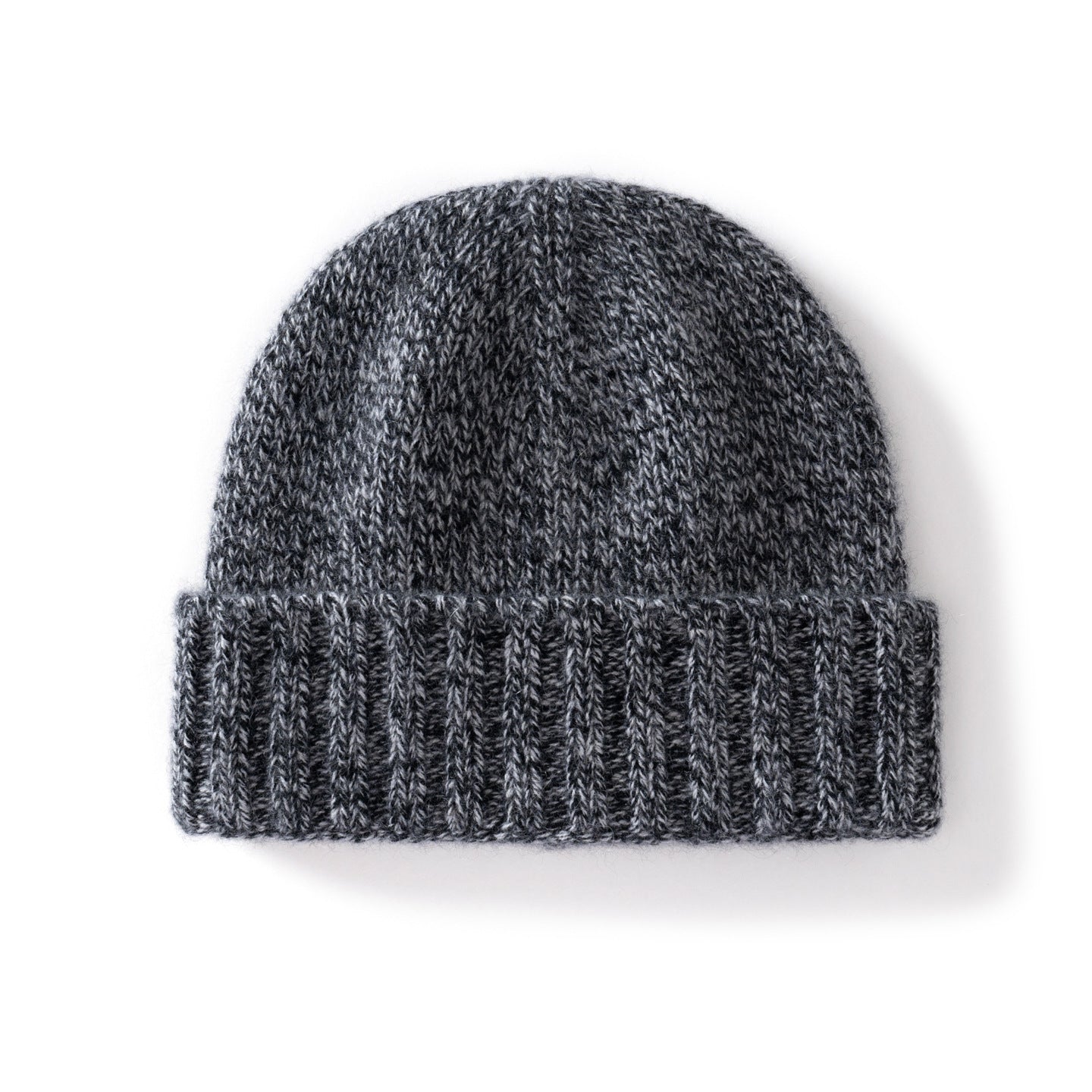Margo & Main gray fleck ribbed cashmere fisherman beanie — angled view of the marled knit and fold-over cuff