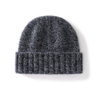 Margo & Main gray fleck ribbed cashmere fisherman beanie — angled view of the marled knit and fold-over cuff