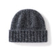Margo & Main gray fleck ribbed cashmere fisherman beanie — angled view of the marled knit and fold-over cuff