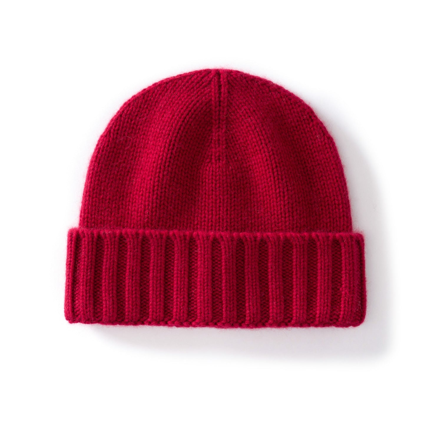 Margo & Main red ribbed cashmere fisherman beanie — angled view of the fold-over cuff and knit crown